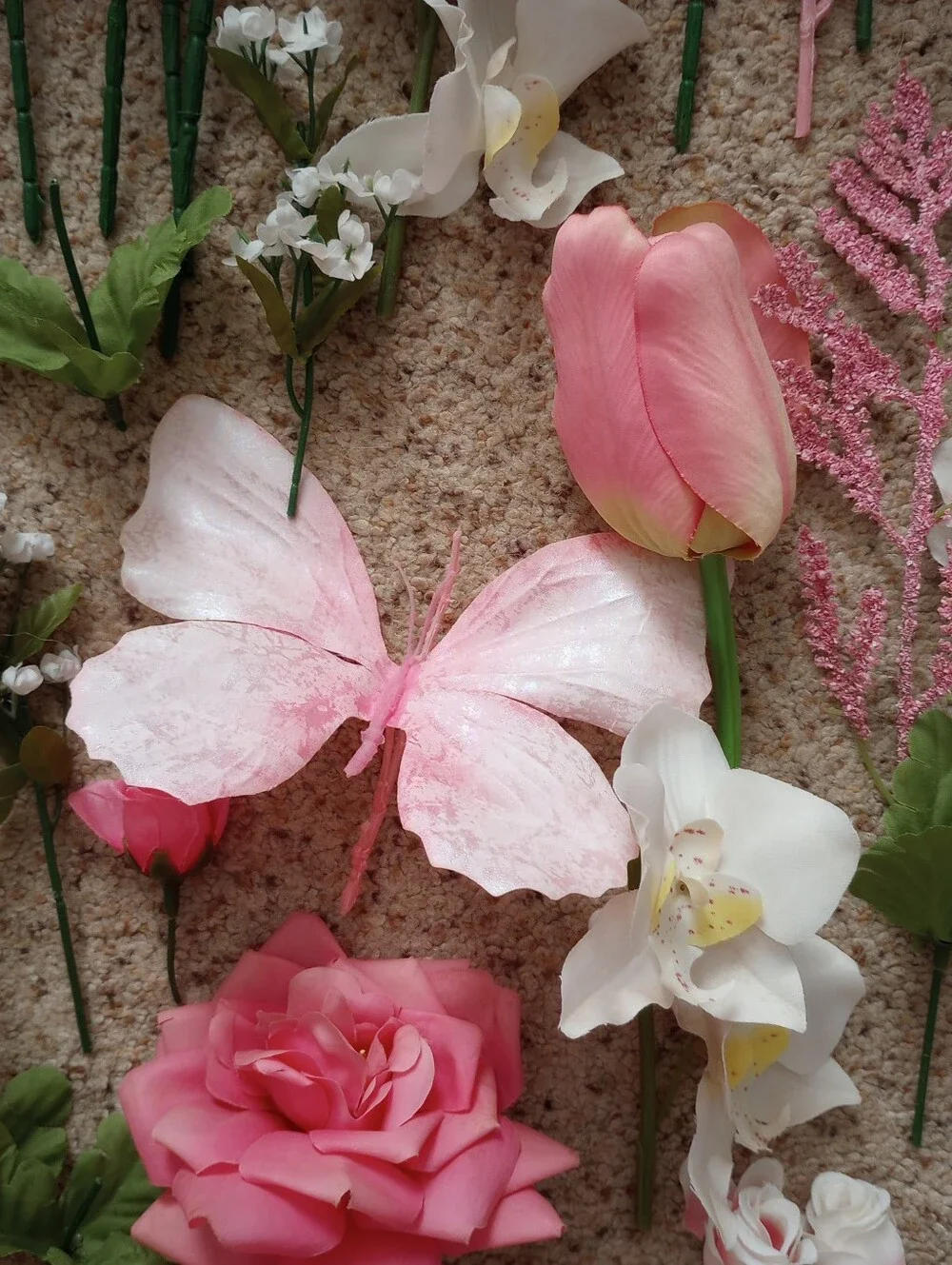 Huge Lot Of Artificial / Faux Flowers Florals Pink White Roses Butterflies